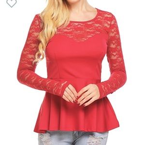 Lace sleeve red peplum top